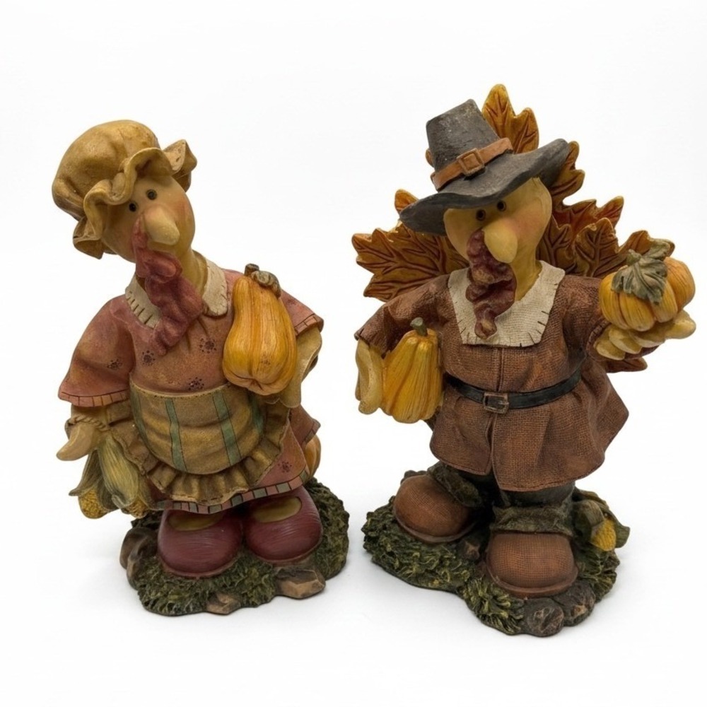 Vintage Thanksgiving Pilgrim Turkey Couple Resin Figurines Set Harvest Decor